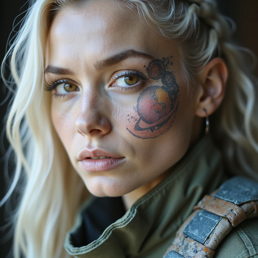 a banknote bill. full frame close up of a "20 crisp" banknote. futuristic, cyberpunk. stellar and planetary style designs adorn the bill. the face pictures is a woman in her 20's, gold yellow eyes, white hair in a single long braid, side of head shaved. she wears a military flight bdu emoji