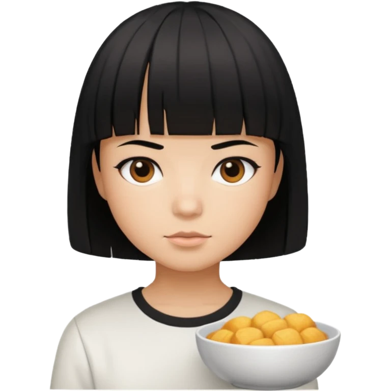 cabelo liso preto com volume no formato de tigela, olhos marrom escuros, camisa branca, pele morena mas mais branca do que morena emoji