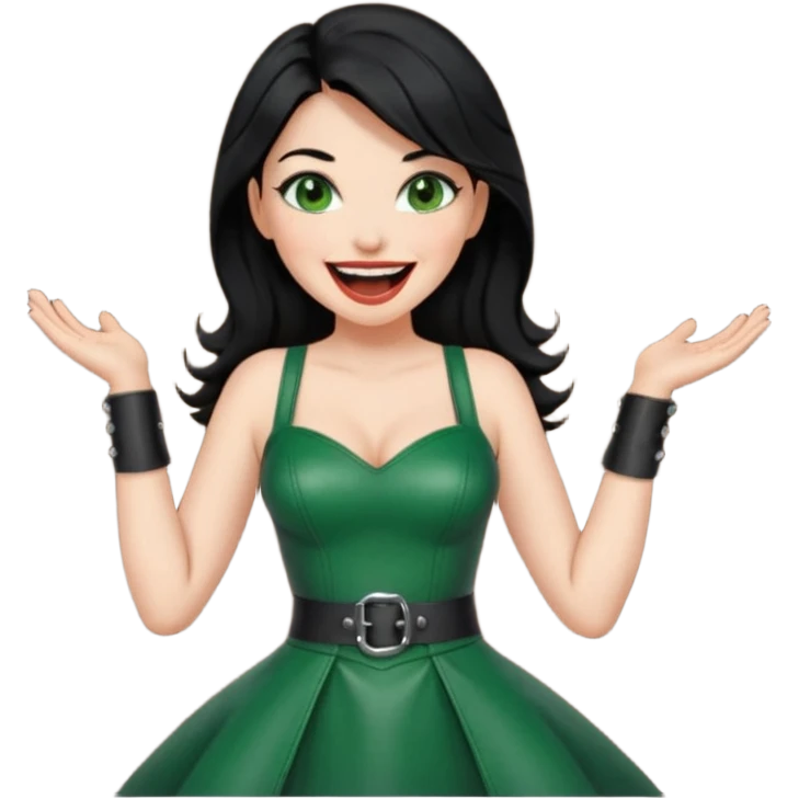 🕵🏻‍♀️💦🧥 black hair , green eyes ,dominatrix dress , laughing  emoji
