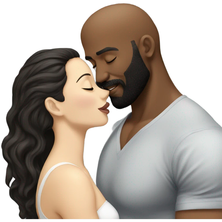 White brunette kissing muscular black bald man with beard emoji