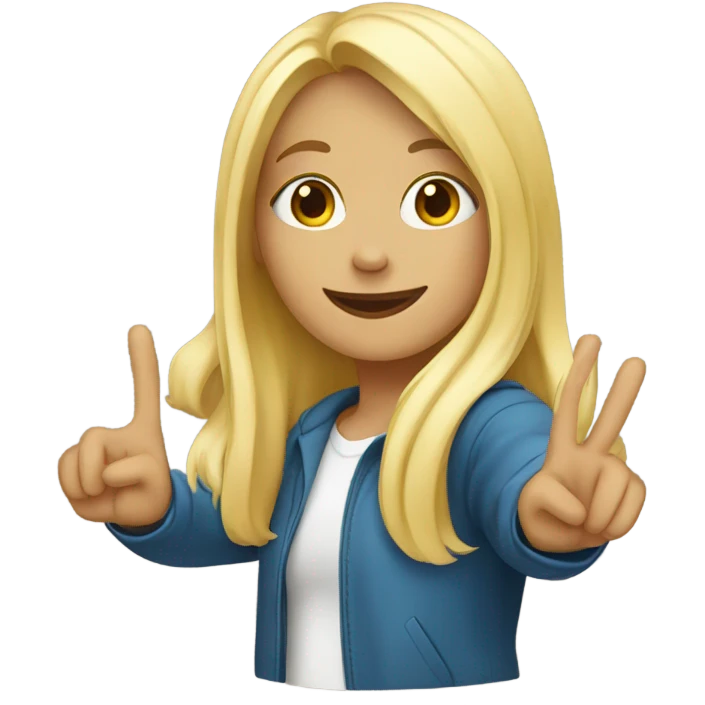 A blond girl doing the pease sign with her hands and a crasy color full backround emoji