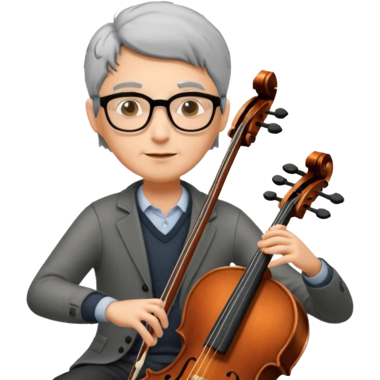 an emoji of my mum playing the cello, she has short black-ish gray hair, wears glasses, she is small emoji
