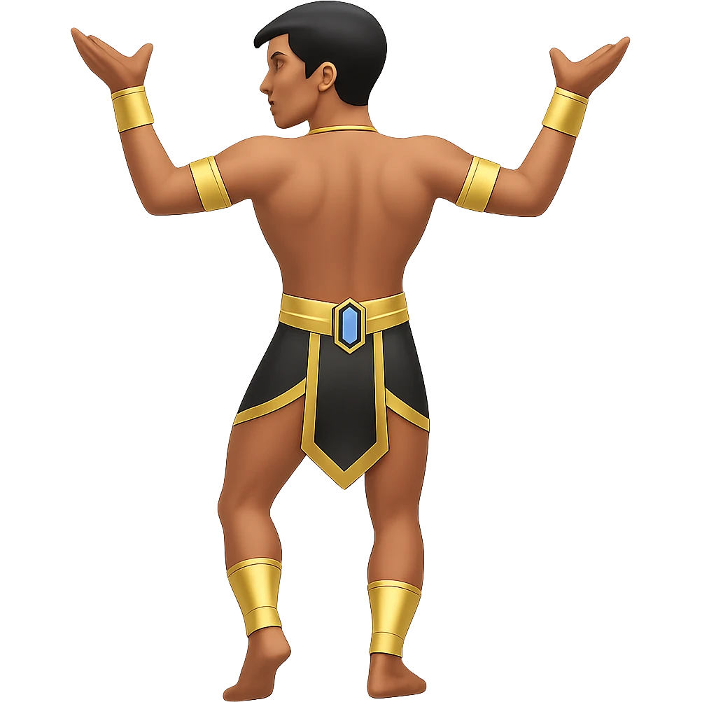 Remove the horns from the Egyptian human bull leaper in the back view 'are you entertained' pose. Preserve all other details. The style is emoji style. Remove the background. emoji