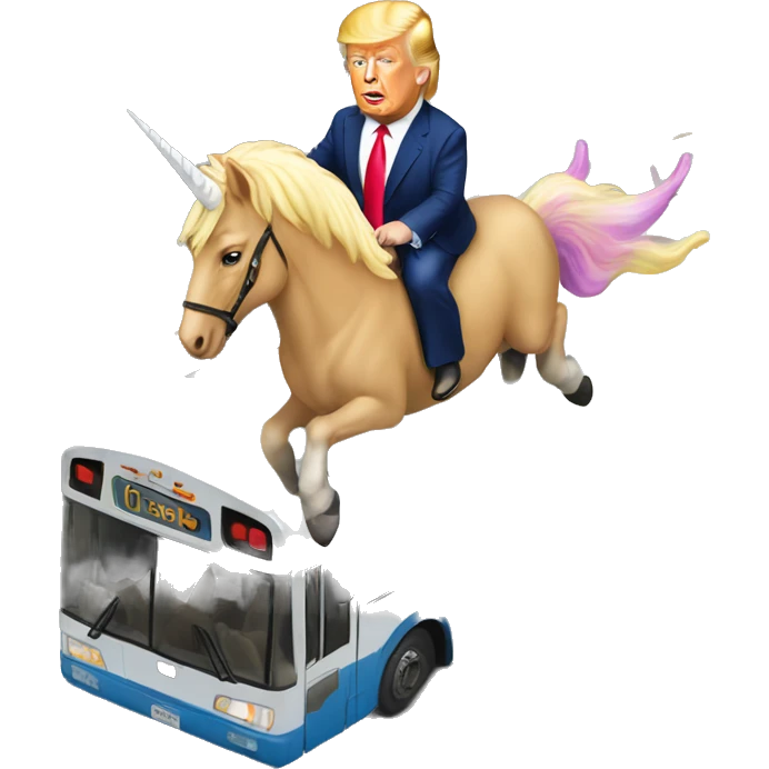Donald Trump riding a unicorn fly over a bus emoji