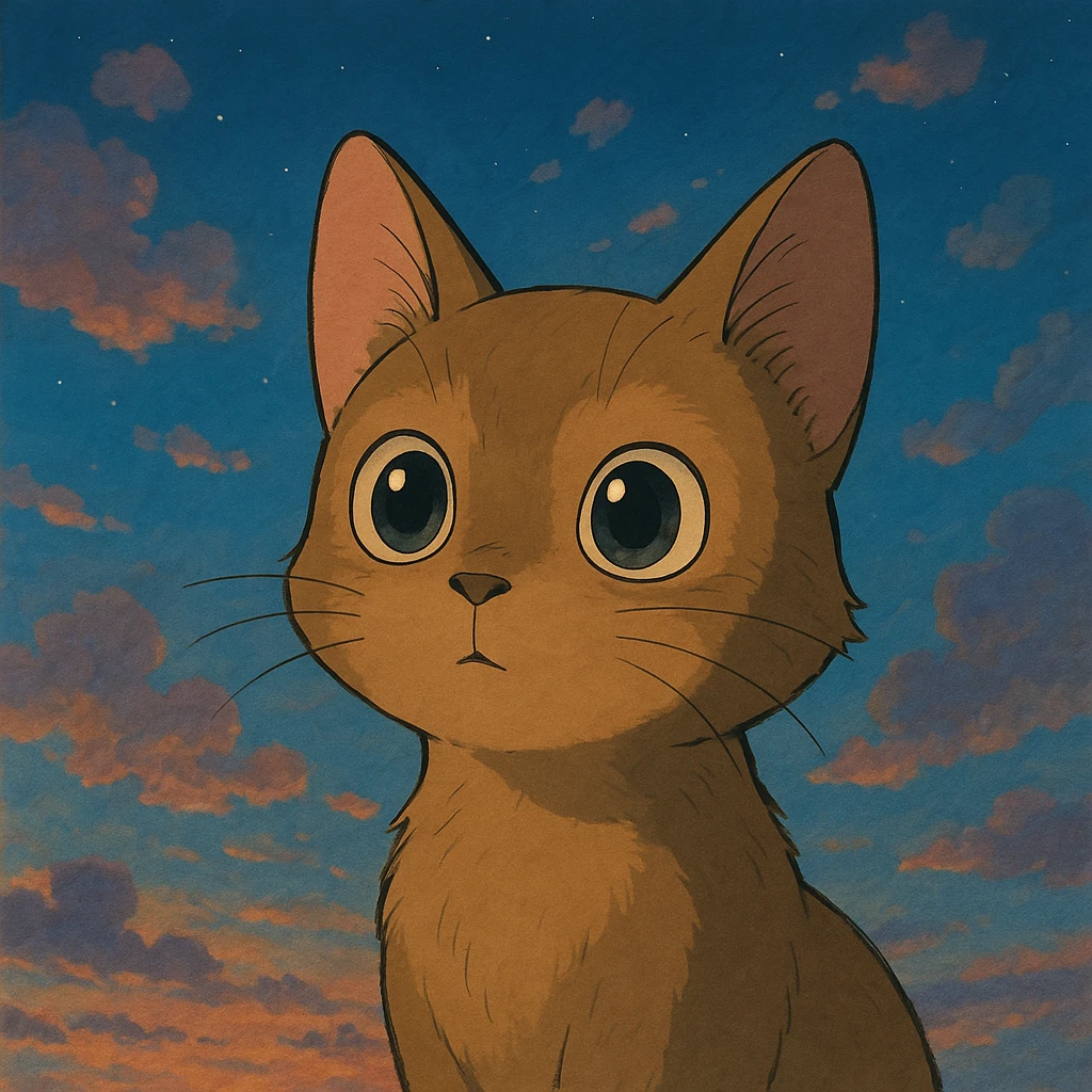 a curious cat with big eyes and a dreamy background in Ghibli style emoji
