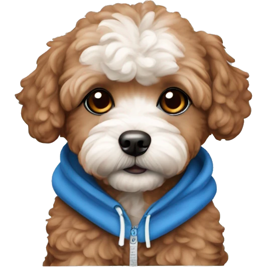 Dog maltipoo red brown color with cutie eyes in blue hoodie emoji