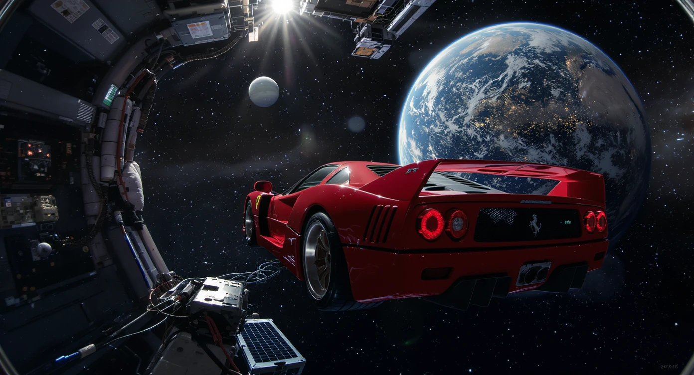 Cinematic still of a ferrari f40 floating in space, shot by space camera connect to spaceship, sun flare, big earth in background, captured by gopro hero with effect fisheye emoji