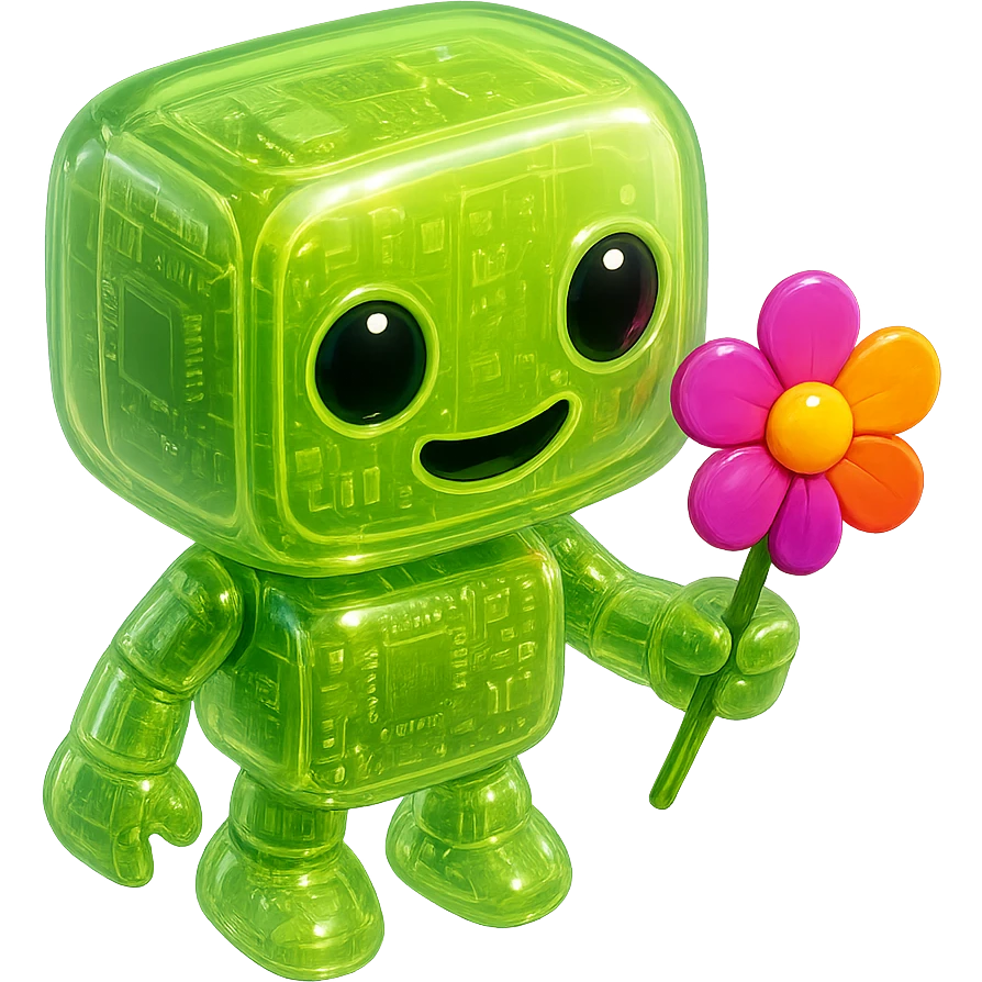 Redesign this robot in glossy circuit style with the main color #c0ff53 green, keep the cute expression and the flower in its hand, no background. emoji