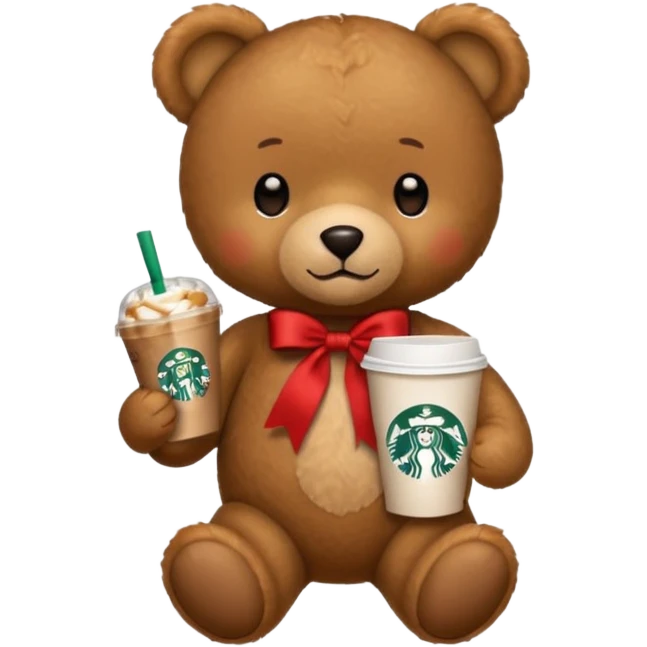 smooth texture teddy bear with red ribbon and starbucks coffee emoji