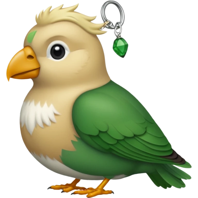 un oiseau classique tout vert avec un collier autour de son cou avec des breloque argentées et un seul poil blond qui fait une petite bouclette sur le front le collier est autour du coup de l’oiseau entre la tête et le corps emoji