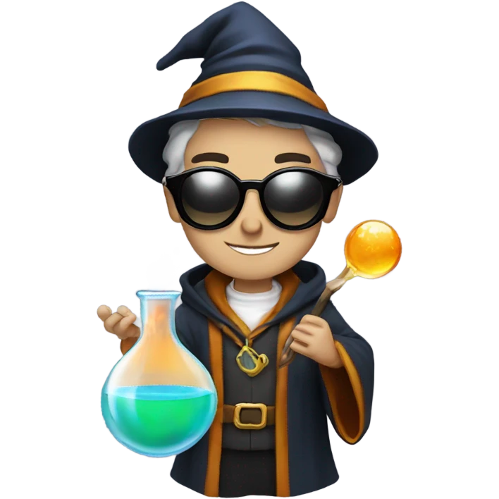 Young male wizard mixing potions and wearing sunglasses emoji