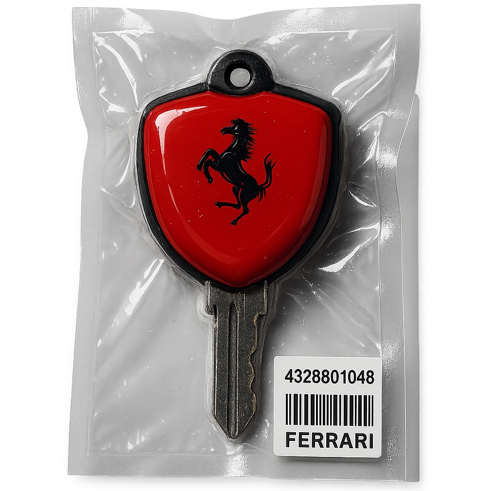 classic Ferrari car key, red with black accents, Ferrari logo, glossy and puffy emoji