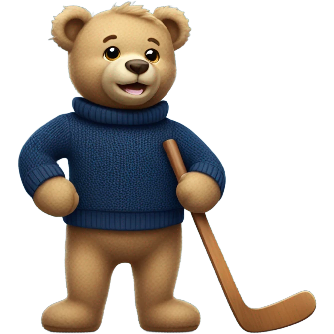 Handsome happy teddy bear wearing a nave blue sweater hockey game emoji