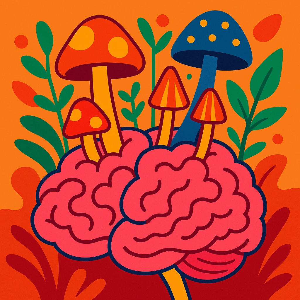 brain with mushrooms or plants growing out, surreal and whimsical, symbolizing brainrot emoji