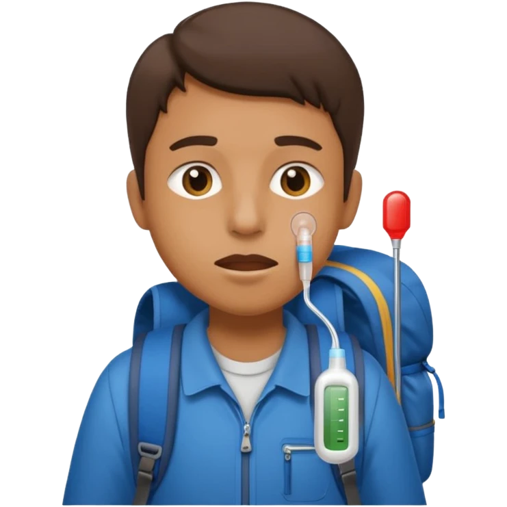 person travelling with backpack and a fever thermometer in there mouth emoji