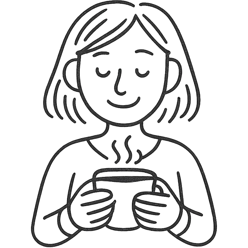 pen-drawn hand sketch style emoji of a woman gently smiling, holding a steaming coffee cup with both hands, casual and simple lines, minimal or no color, cozy and relaxed mood, clear and warm expression emoji