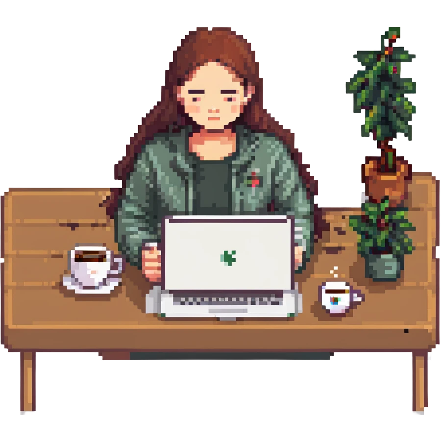 woman working on a laptop with coffee emoji