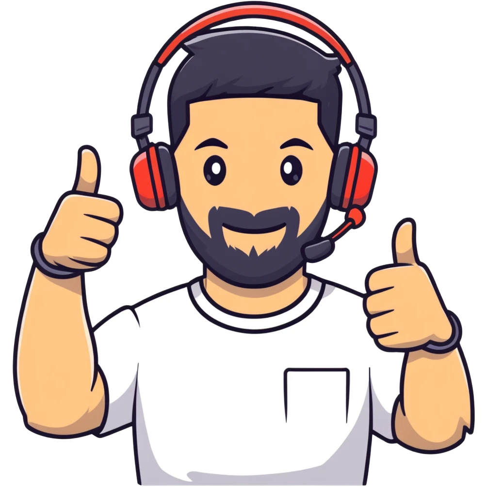 Man with black hair, brown eyes, and black beard wearing gaming headset giving a thumbs up gesture emoji