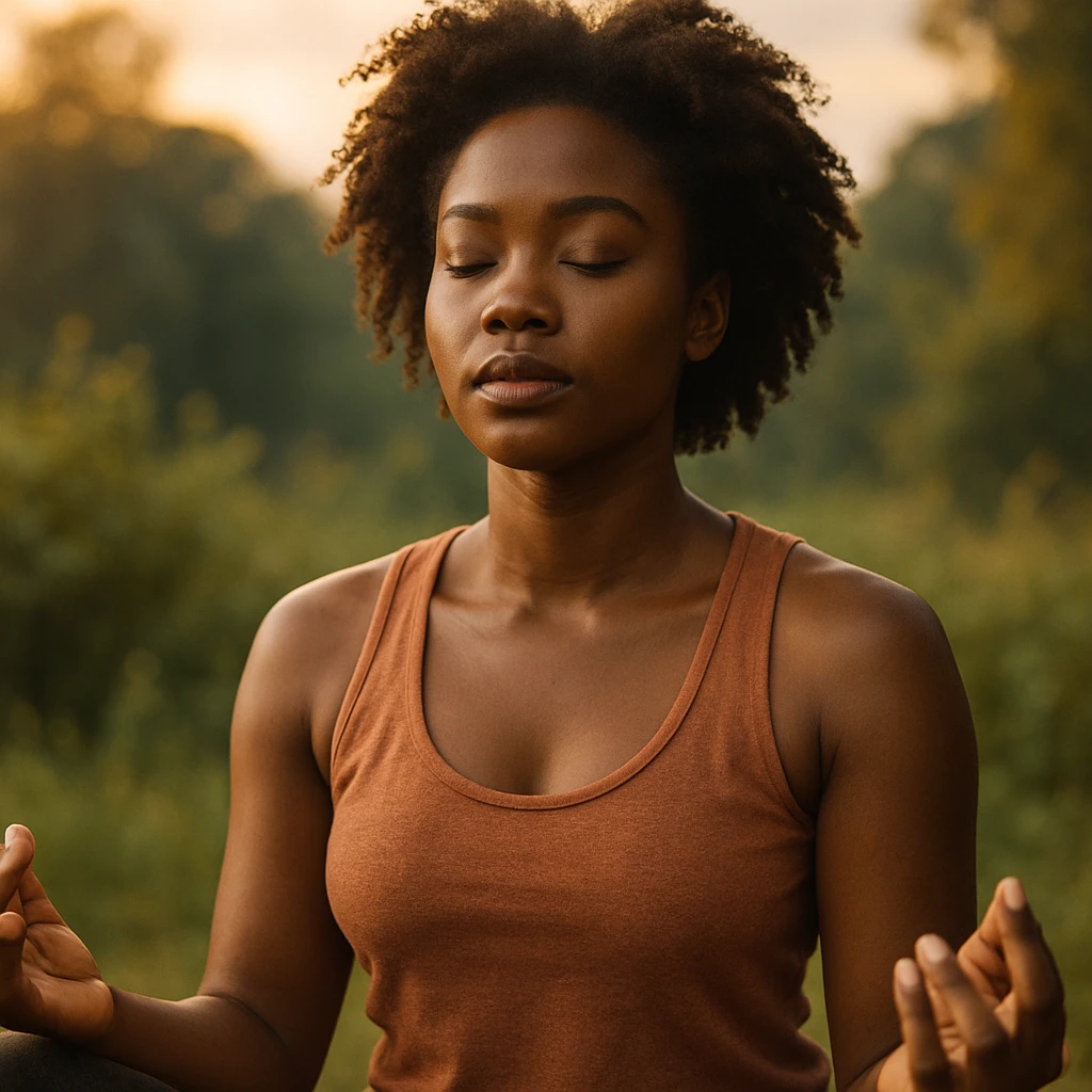 realistic style portrait of a black woman meditating, with a nature background and warm light emoji