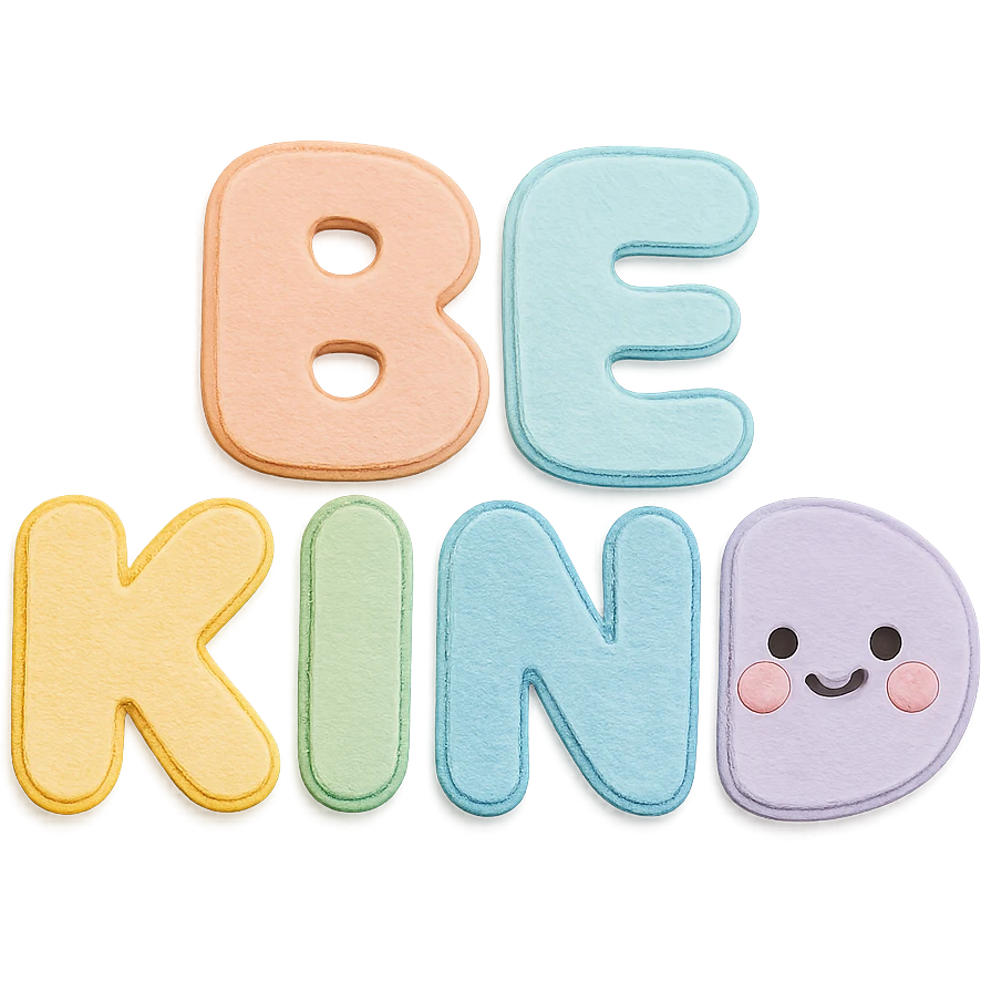 "Be Kind" in soft pastel rainbow puffy bubble letters, kawaii cute style, transparent background, no frame emoji