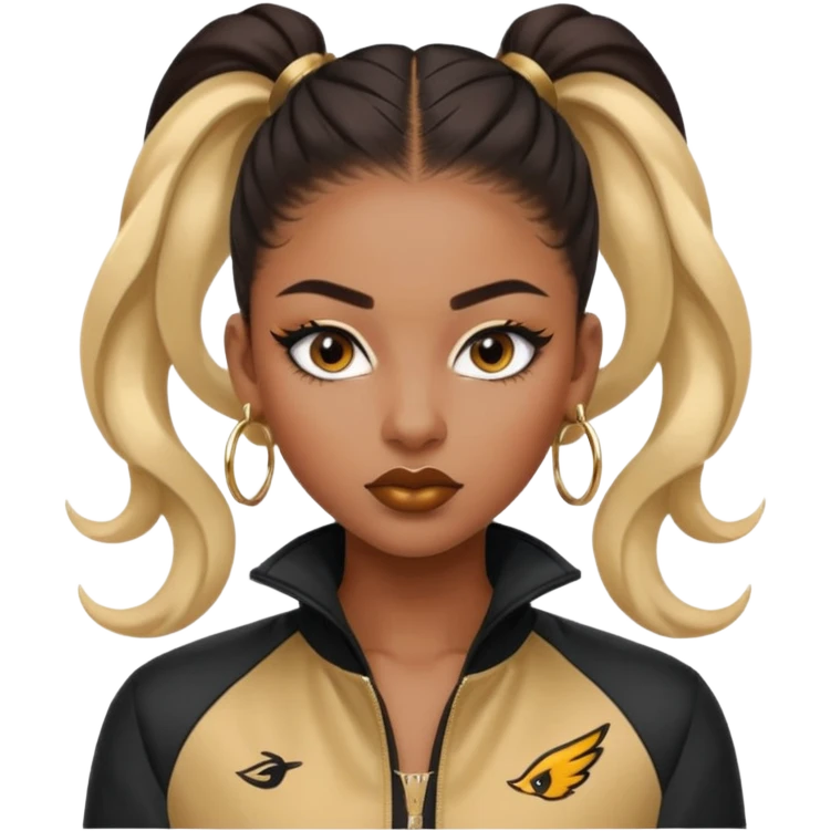 “black Emoji girl, fierce confident expression, sharp black winged eyeliner, bold brows, matte nude lips, long curled lashes, sleek high ponytail, gold hoop earrings, sporty streetwear jacket.” emoji