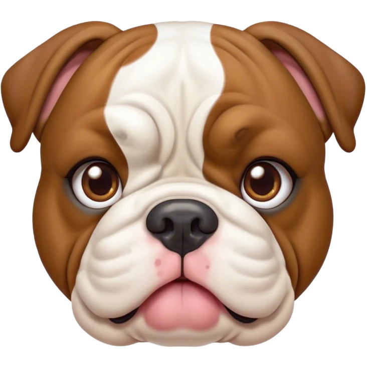 Cinematic Cute Brown and White English Bulldog Portrait Emoji, Head tilted playfully and inquisitively, featuring a glossy brown and white coat with distinct patches, round, sparkling brown eyes filled with curiosity, Simplified yet irresistibly adorable features, highly detailed, glowing with a warm, friendly glow, high shine, affectionate and charming, stylized with a touch of whimsy, bright and endearing, soft glowing outline, capturing the essence of a mischievous yet loving companion, so playful it feels like it could bound out of the screen and into your arms! emoji