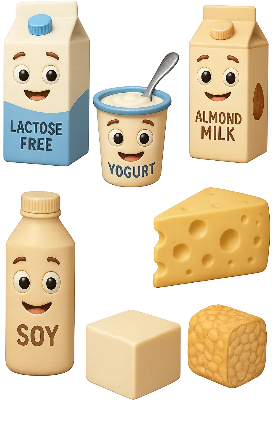 emoji stile iphone 3d di Latte e yogurt delattosati
Latte di mandorla (non zuccherato)
Latte di soia da proteine isolate
Formaggi stagionati (es. parmigiano)
Tofu compatto e tempeh
 che fluttuano in aria, iperealistico 4k emoji