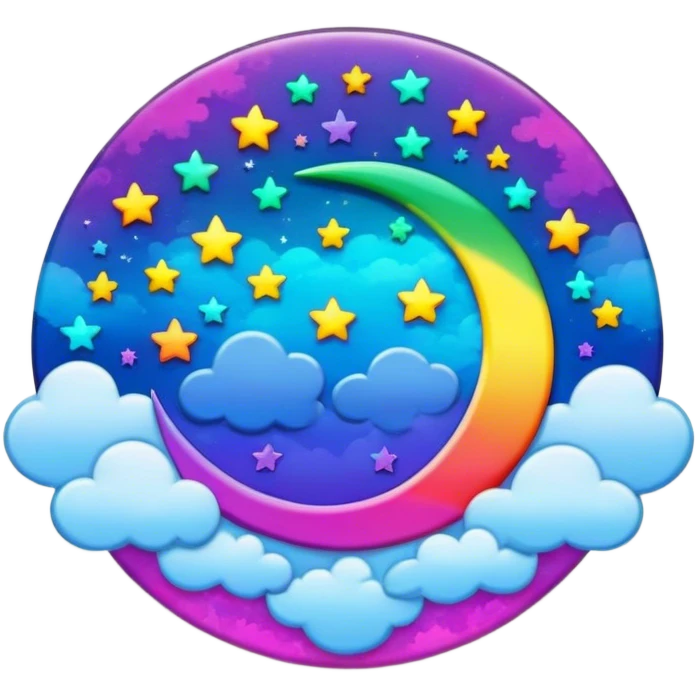 Beveled button with Neon rainbow colored damask style full moon with stars and clouds in the center emoji