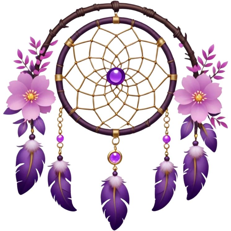 A white-circle-framed Dreamcatcher with purple-round-orb-stones, gold-ring-accents, purple tint flowers, pink sakura flowers, emoji