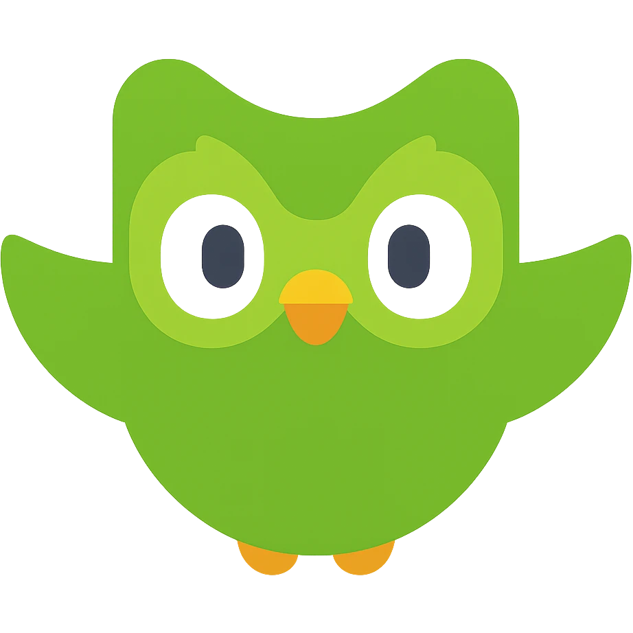 Duolingo logo, green owl, flat vector style, minimalistic emoji