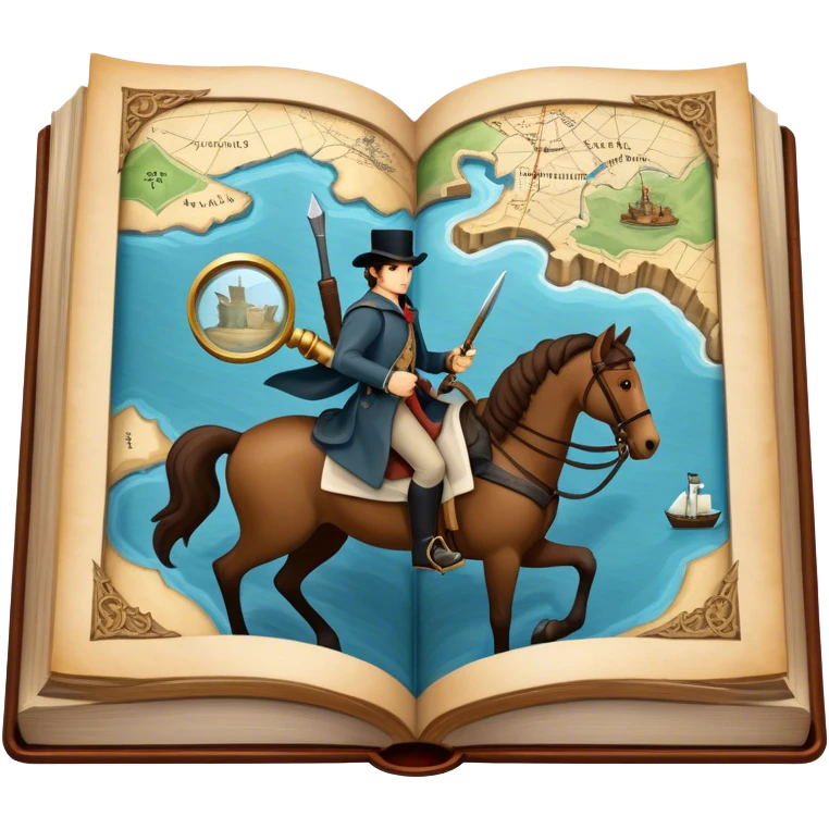 Collage for Reading Fiction: large open book with pages turning into with musketeers on horseback, Sherlock Holmes with a magnifying glass standing nearby, treasure island map. The icon should evoke the adventure and romance of exploring fictional worlds. Transparent background emoji