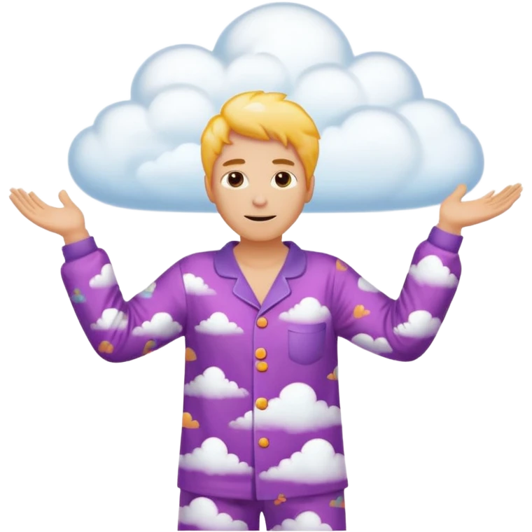 person in pajamas with arms wide, holding a vibrant swirling cloud emoji