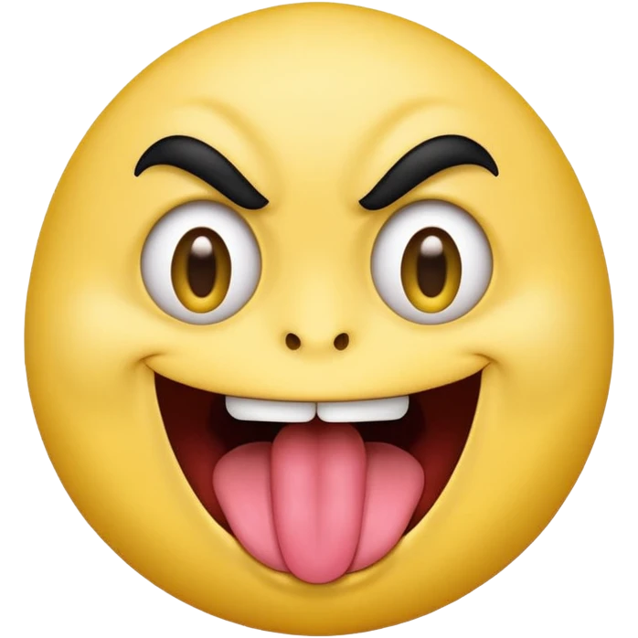 Freaky yellow face emoji smiling really big with huge tongue out and eyes wide open. Tongue should is wagging back and forth. Give him a full head of black hair emoji