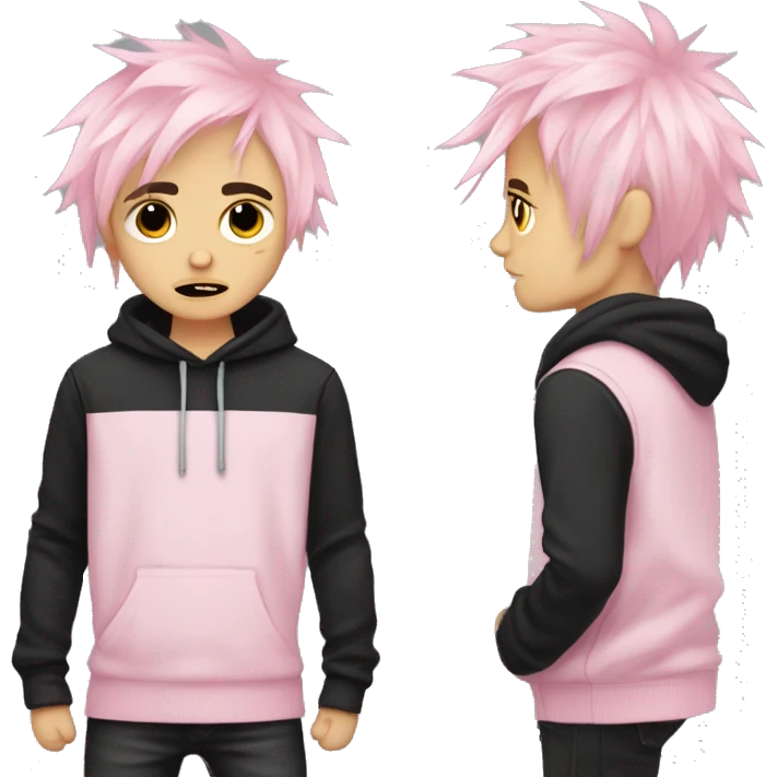 Create an emoji of an emo guy with split-dyed hair—one side pastel pink and the other side black. The hair should have a slightly messy, choppy texture, and the character should have a subtle, sad expression, wearing dark clothing typical of emo fashion emoji