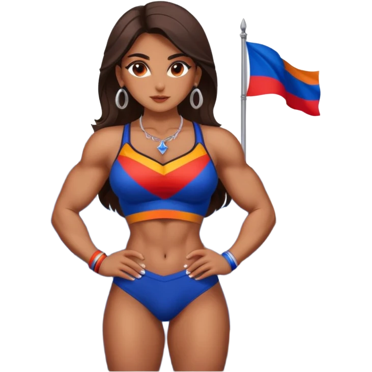sexy and muscled, full body, brown skin Armenian caucasian girl, sexy girl, beautiful eyes, makeup, earrings, muscled, surrounded by mountains, Flag of Armenia emoji
