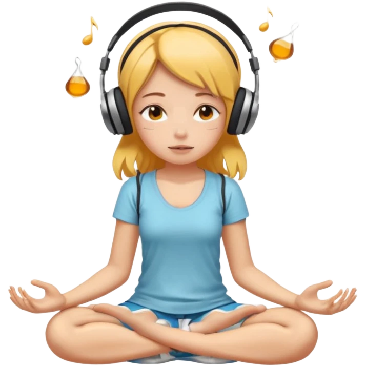 A girl is sitting cross-legged in a meditation pose, wearing headphones and listening to music. The song is so good that honey is dripping from her ears, and her expression is completely dazed because she’s enjoying the music so much. emoji
