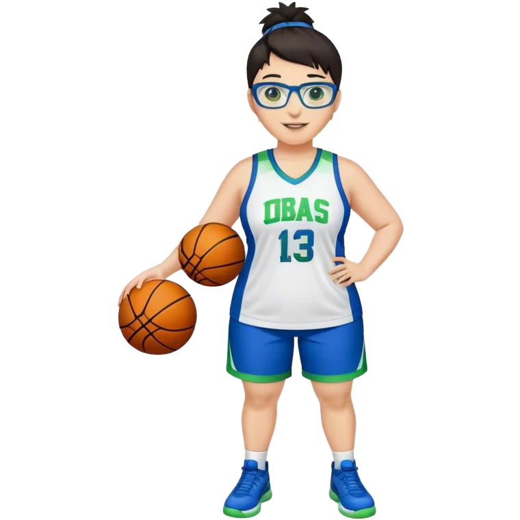 Full Body plus size white female basketball player with short dark hair with highlights spike hair wearing blue glasses  wearing blue green uniform smiling emoji