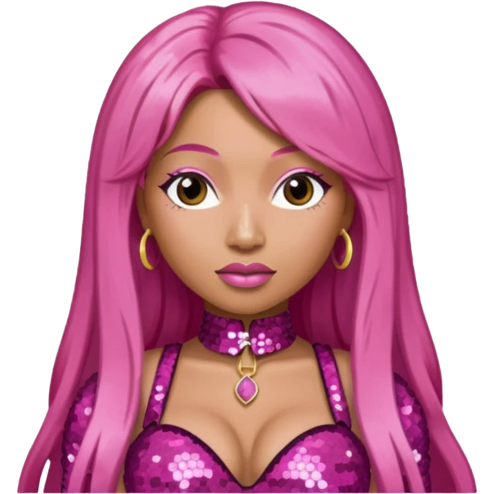 Nicki Minaj with long pink hair, dark pink sequin outfit  emoji