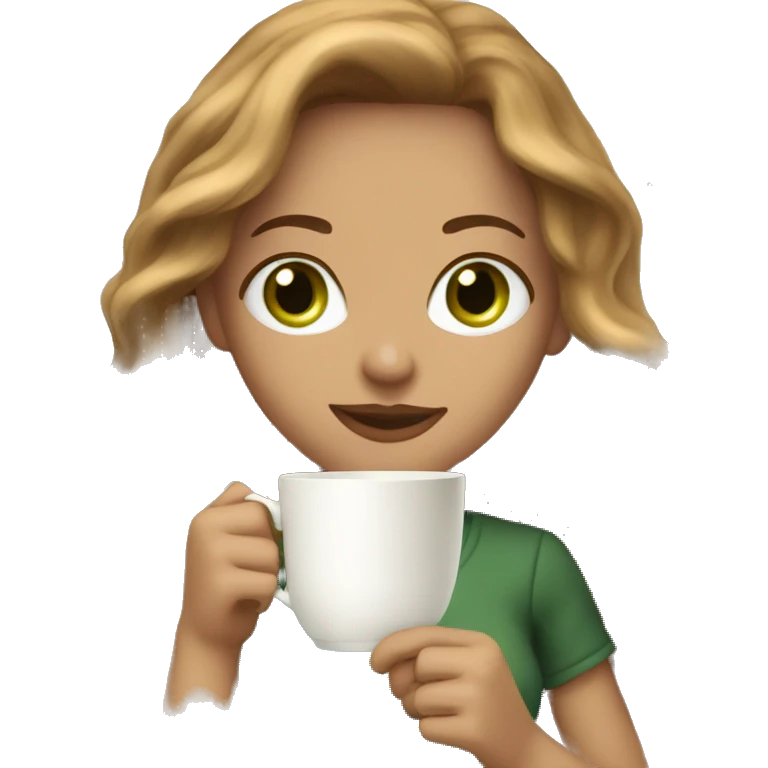 woman with long light brown wavy hair, green eyes, holding a tea cup and a book emoji