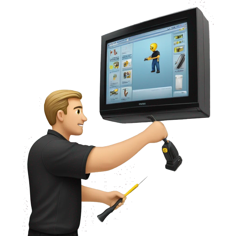 Technician wearing a black polo shirt fixes a TV to a white wall of an exhibition Booth using a screwdriver emoji