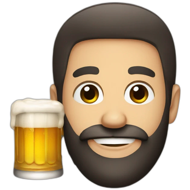 A man with Black beard and blue eyes cheers a beer emoji