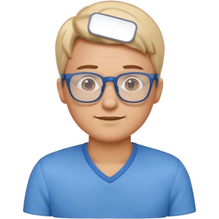 gender neutral character, chest up, blue shirt, glasses, simple emoji style emoji