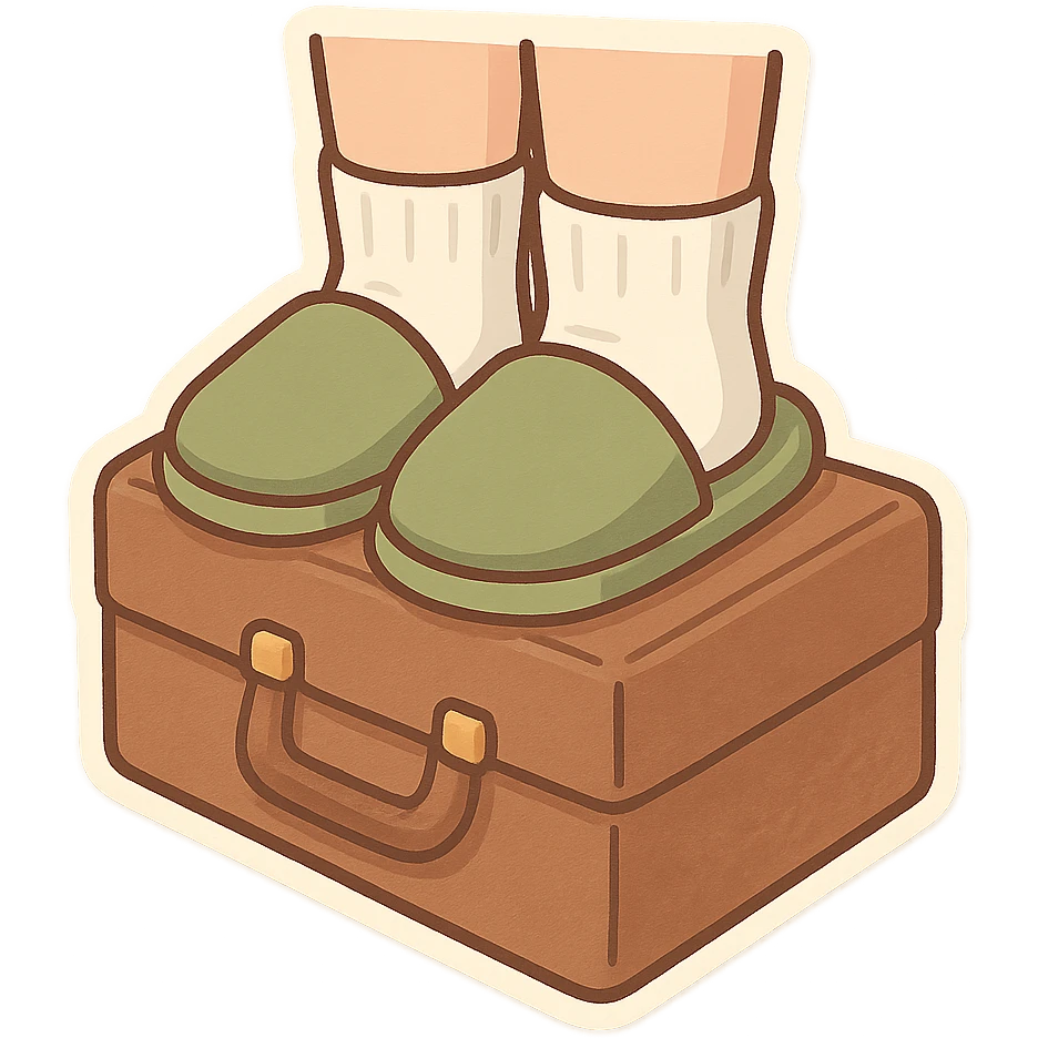 Feet with white socks wearing green house slippers standing on a briefcase emoji
