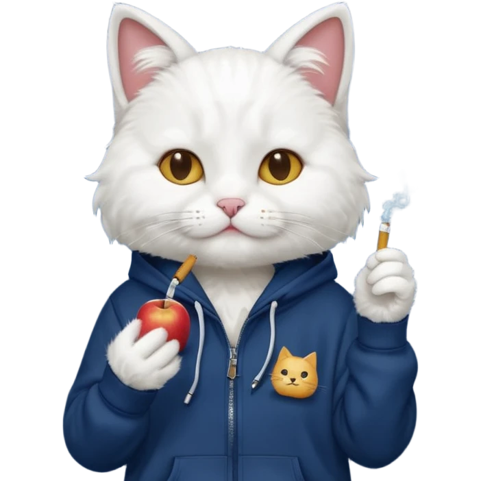 cat in headphones, in a dark-blue almost black oversized hoodie with a cigarette in his hand, more apple-like emoji  emoji