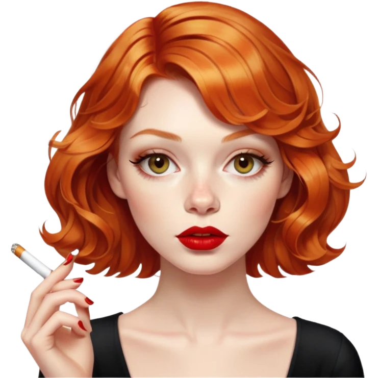 Alluring ginger French girl french shiny wavy textured bob haircut tousled hair red lips smoking cigarette emoji