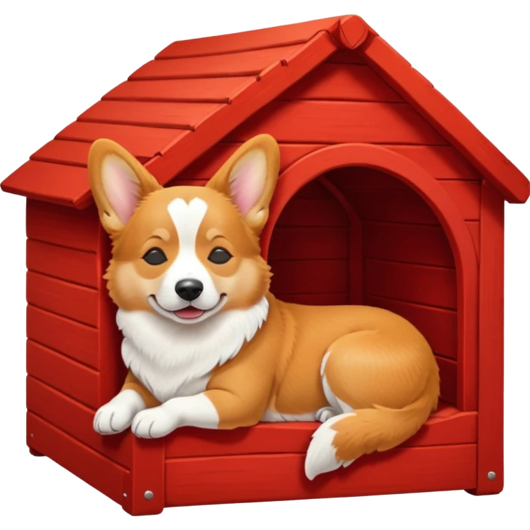 a corgi dog resembling the real Apple emoji dog sleeping in a red dog house emoji