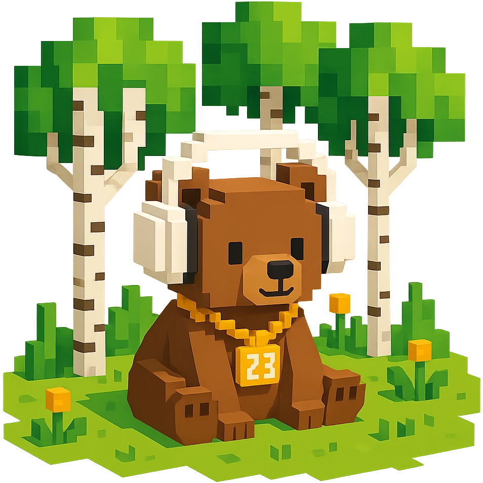 березовый лес, в котором сидит бурый медвежонок в белых наушниках (наушники должны закрывать уши медведя), на медведе цепь с подвеской "23", no background  emoji