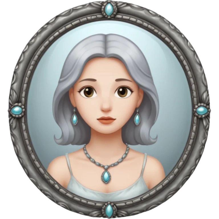 Woman facing ancient mirror, reflection slightly delayed and darker emoji