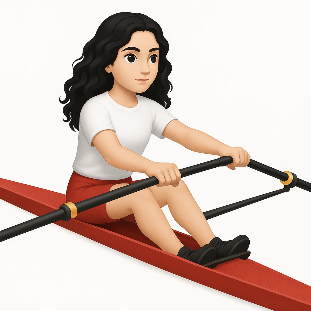 Altındaki tekneyi olimpik kürek sporu için uygun, uzun ve ince yarış teknesi olarak değiştir. Kız siyah uzun dalgalı saçlı, beyaz tenli, kırmızı şort ve beyaz kısa kollu tişörtle olimpik kürek sporu yapıyor emoji