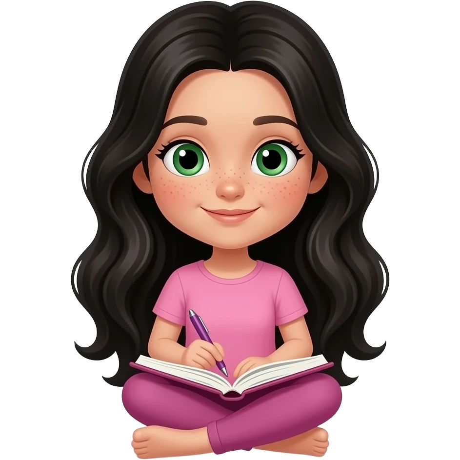 young girl, green eyes and freckles black waves long hair, pink complete top and leggingg, light skin, writes a diary emoji